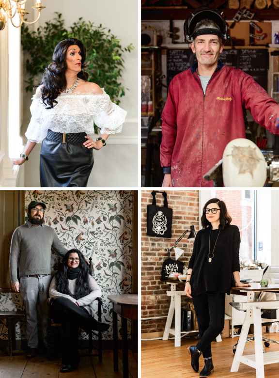 clockwise from top left: LGBTQ advocate and official “Queen of Salem” Gigi Gill; wood turner Tommy Gagnon, a longtime tenant of the city-run creative space Artists’ Row; Erica Feldmann, owner of HausWitch, a store designed to “bring magic and healing into everyday spaces”; Salem Historical Society cofounders Ryan and Alyssa G.A. Conary.