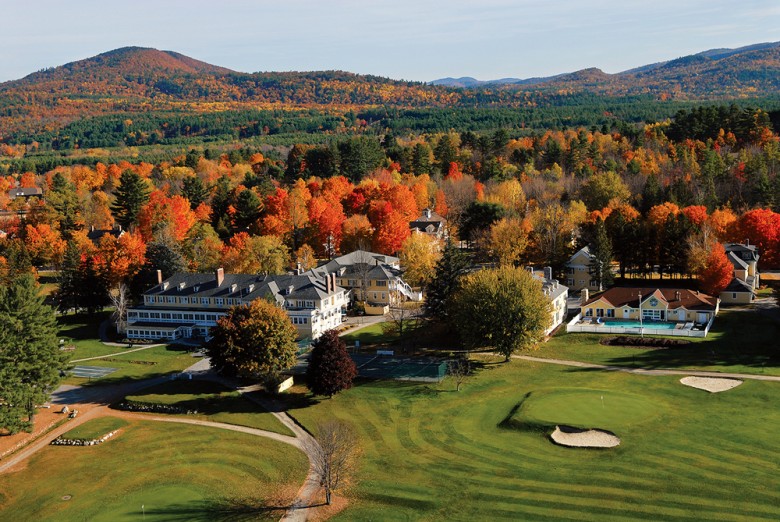 The grounds of Maine’s Bethel Inn Resort come alive with color in autumn. 