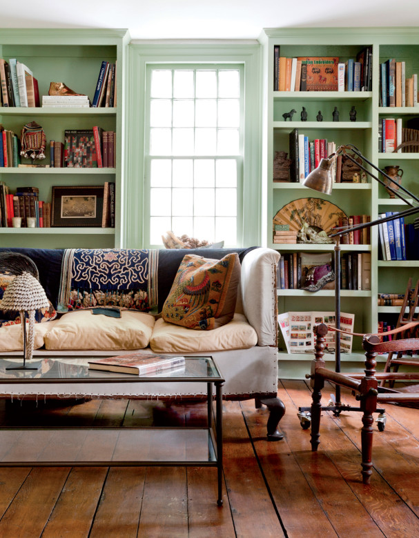 Built-in bookcases showcase Allen’s global inspirations.