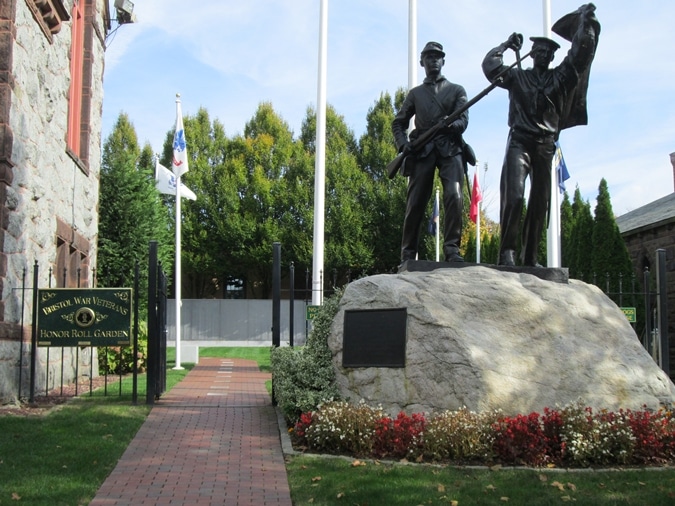 Monument adjacent to the Burnside Memorial Building.