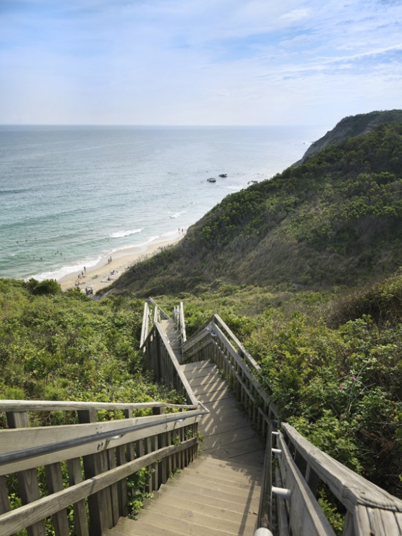 Over 100 steps at Mohegan Bluffs lead the way to the beach below. 