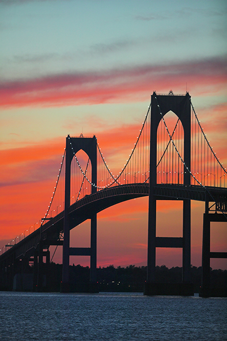 The Lights on the Newport Bridge come on just before twilight nightly, making the bridge recognizable from miles away.