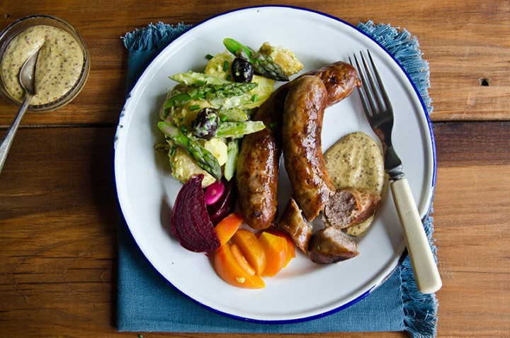 Fresh farm sausage with beer mustard, potato salad, and quick pickled beets.