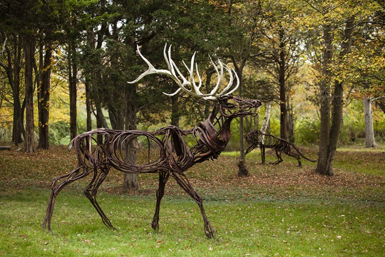 Moose sculptures created by artist Wendy Klemperer in Tiverton Four Corners Arts Center's Annual Outdoor Sculpture Exhibit.
