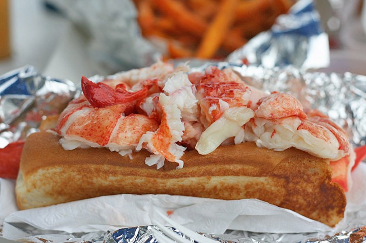 With tail, claw, and knuckle meat from a 1+/-pound lobster, the lobster roll at Red's Eats is bigger than most and may be had with mayo, warm butter, neither, or both.