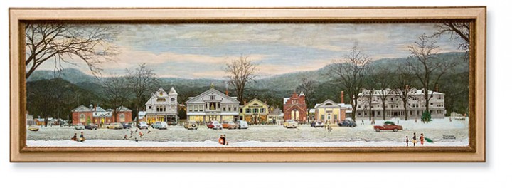 Norman Rockwell’s original Stockbridge Main Street at Christmas painting hangs in the Rockwell Museum, not far from the center of the artist’s beloved town.