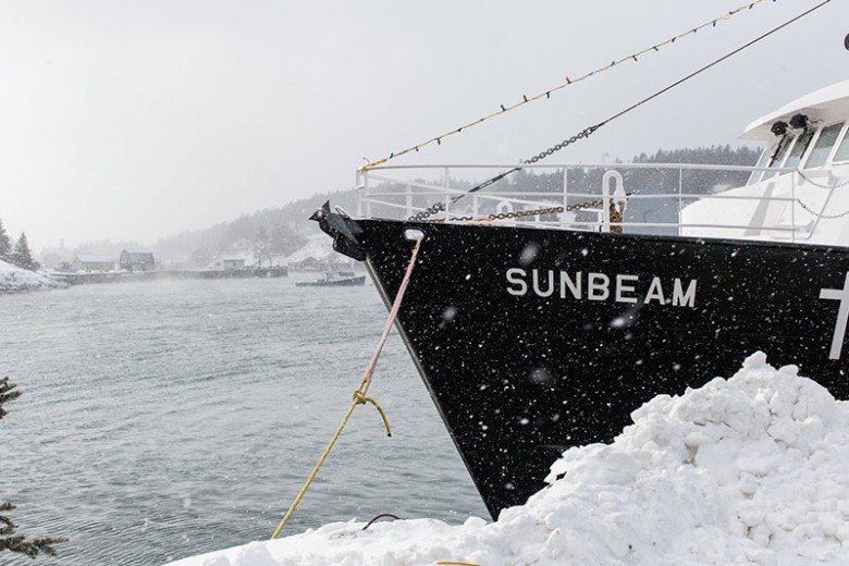 The Sunbeam anchored in Frenchboro Harbor during a snow squall.