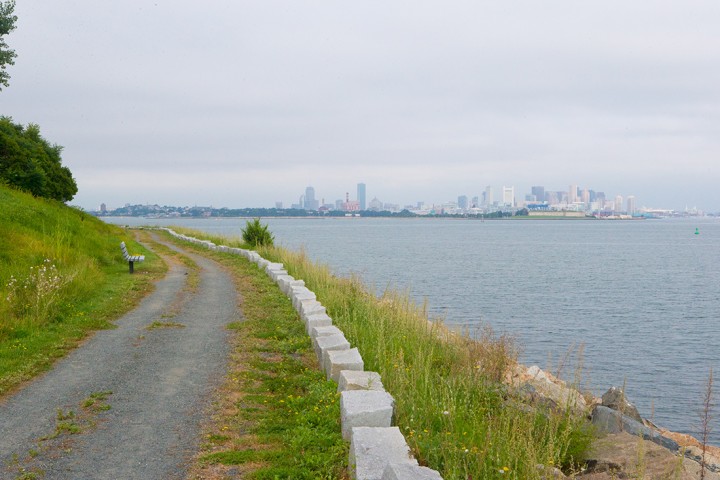 Walking Path on Spectacle Island with views of the city.