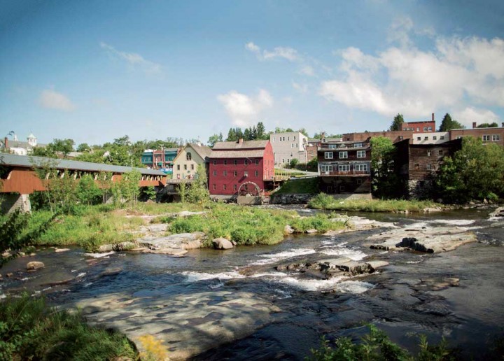 A view of the town’s River District takes in the restored Littleton Grist Mill, built in 1797, and the area’s newest covered bridge, constructed in 2004 over the Ammonoosuc River.