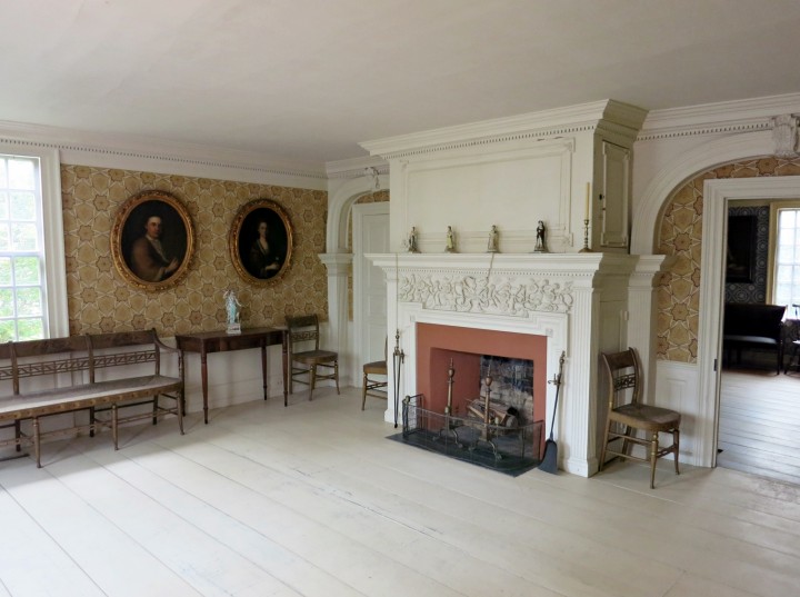 The parlor at Chase House, with its notable fireplace.