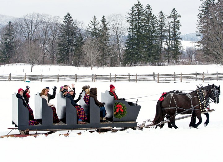 A merry group of Woodstock visitors enjoy a sleigh ride across the fields at Billings Farm, courtesy of Percheron mares Lynne and Sue, one of three draft-horse teams on the property. 