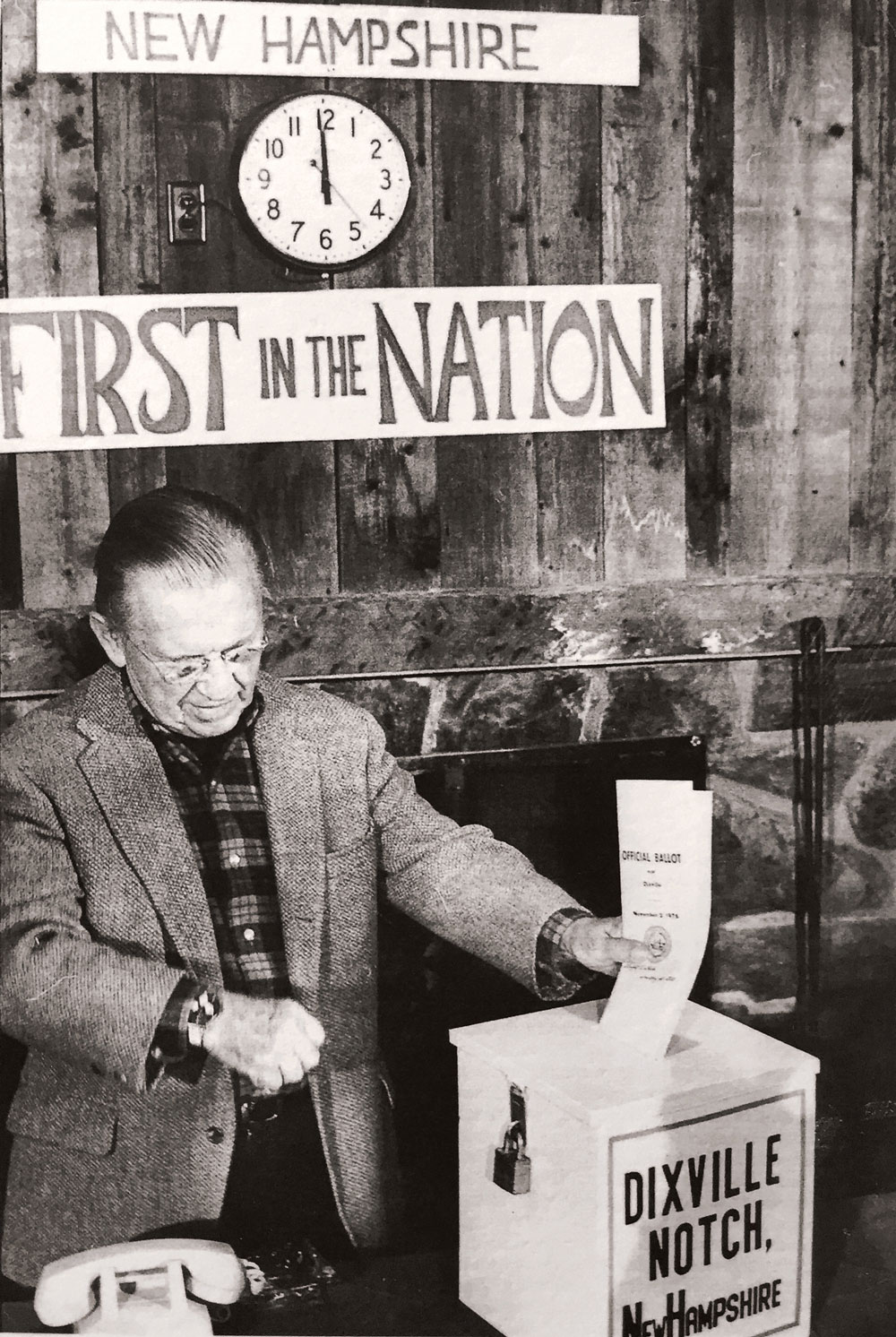 Although it wasn’t the first New Hampshire community to conduct midnight voting, Dixville Notch became the most famous for it. The man behind it was Neil Tillotson, rubber magnate and owner of The Balsams resort. As he did over the course of 11 presidential cycles, Tillotson, pictured here in 1976, cast the unincorporated area’s first vote. 