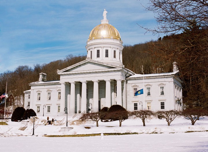 “The People’s House”: The Vermont State House, in the heart of the Montpelier Historic District, was designed by Thomas Silloway in 1857. The building’s distinctive dome is sheathed in copper covered with gold leaf and topped by a statue of Ceres, goddess of agriculture. The Neoclassical portico is of Barre granite.