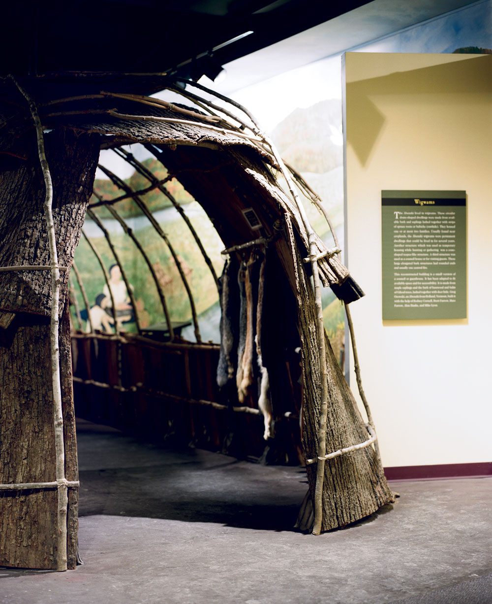 This reconstructed Abenaki wigwam, built of maple saplings, basswood bark, and deer hide, is one element in the Vermont History Museum’s multimedia Freedom and Unity: One Ideal, Many Stories exhibit.