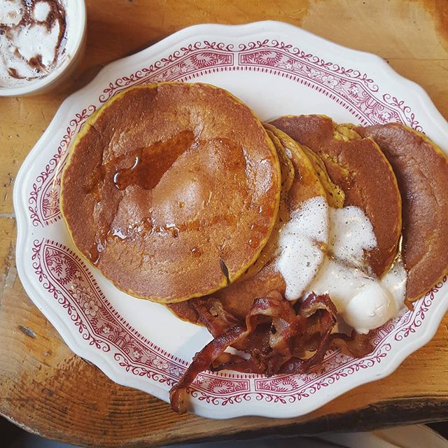 Pumpkin pancakes with real Vermont maple syrup in Mendon, VT.