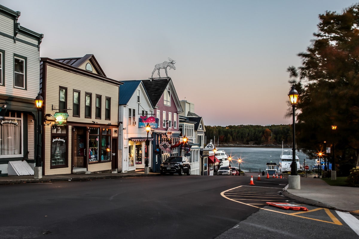 Bar Harbor street with morning street lights