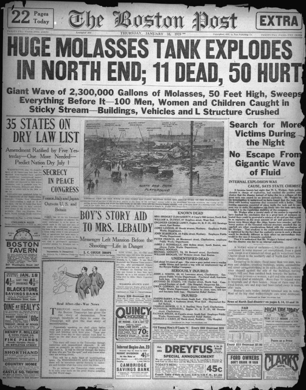 The front page of the Boston Post on January 16, 1919.