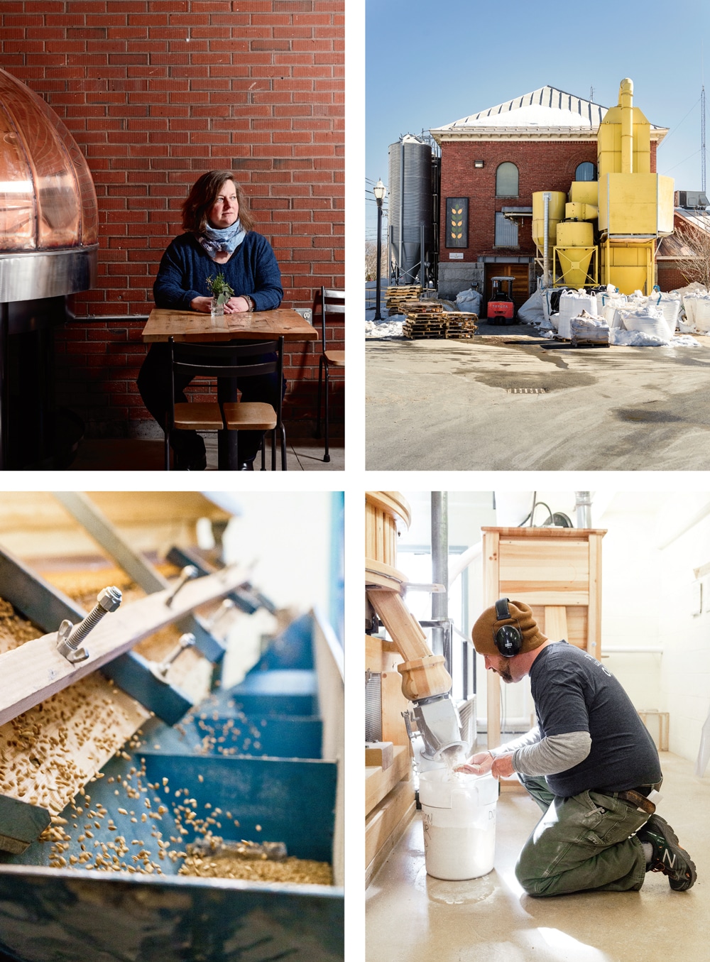 clockwise from top left: Amber Lambke of Maine Grains, which operates the Somerset Grist Mill; the mill, sited in an old county jail in Skowhegan; miller Erik LeVine checks a batch of fresh-ground flour; a gravity table “cleans” the grain before milling.