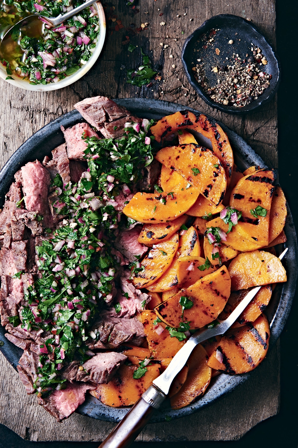 Grilled Flank Steak &#038; Butternut Squash with Chimichurri-Style Sauce