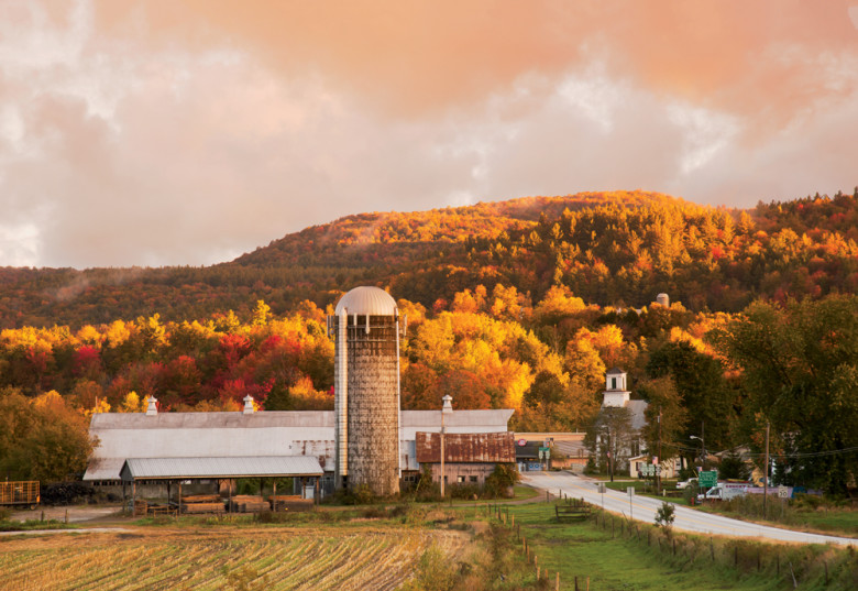 First light over the village of Montgomery Center, in Montgomery, Vermont—a town marked by winding roads, six covered bridges, and big fall color.