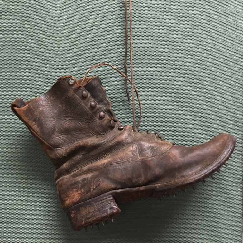 Log driving was a dangerous line of work and to see old film clips of the crews navigating the logs and water is to watch something akin to a dance. Agility and coordination could be the difference between life and death. Men wore boots like these, which sported heavy spikes on the tread. 