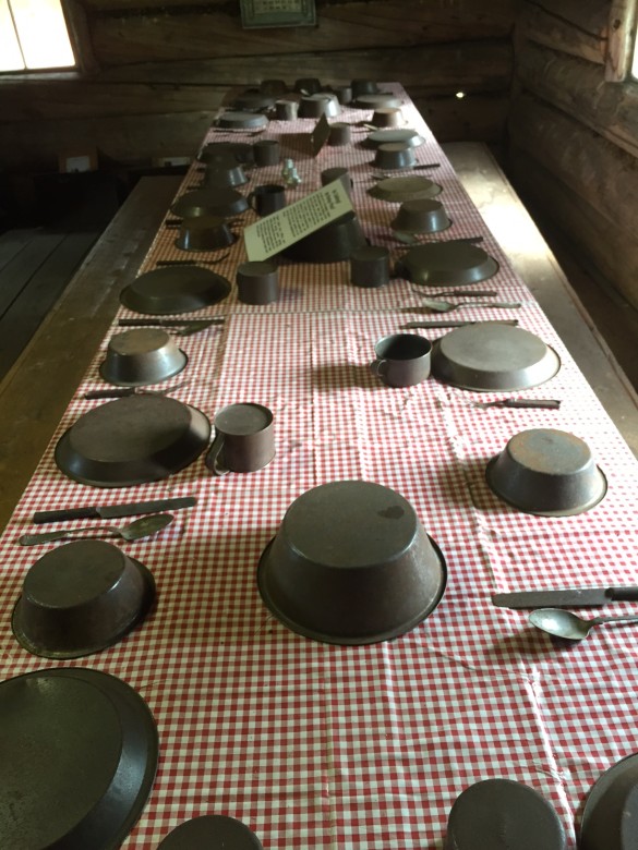 Talking during time at the logging camps was forbidden by the cooks. Why? Because it wasted time and they wanted the men to cycle through the meals as quickly as possible so they could clean up and move on to making the next round of food.