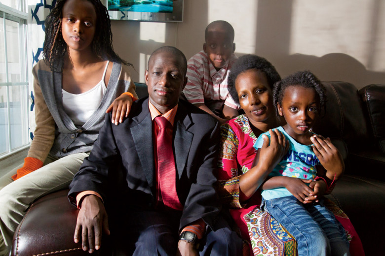 Nasafari Nahumure, far left, with her family at their Lewiston home: father Norbert, brother Moses, mother Kamakazi, and little sister Christina.