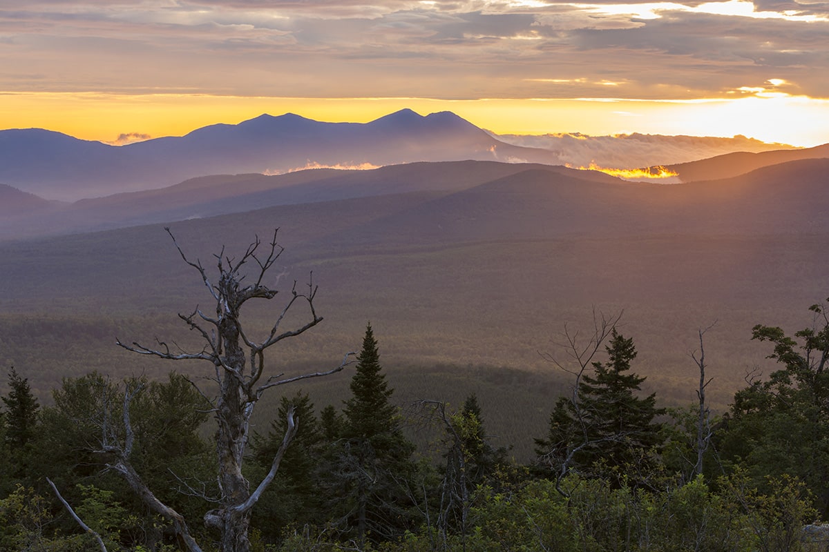Sunrise view over the Reddington Forest of the Bigelow Range (left) from Quill Hill in Reddington Township, Maine. Appalachian Trail.