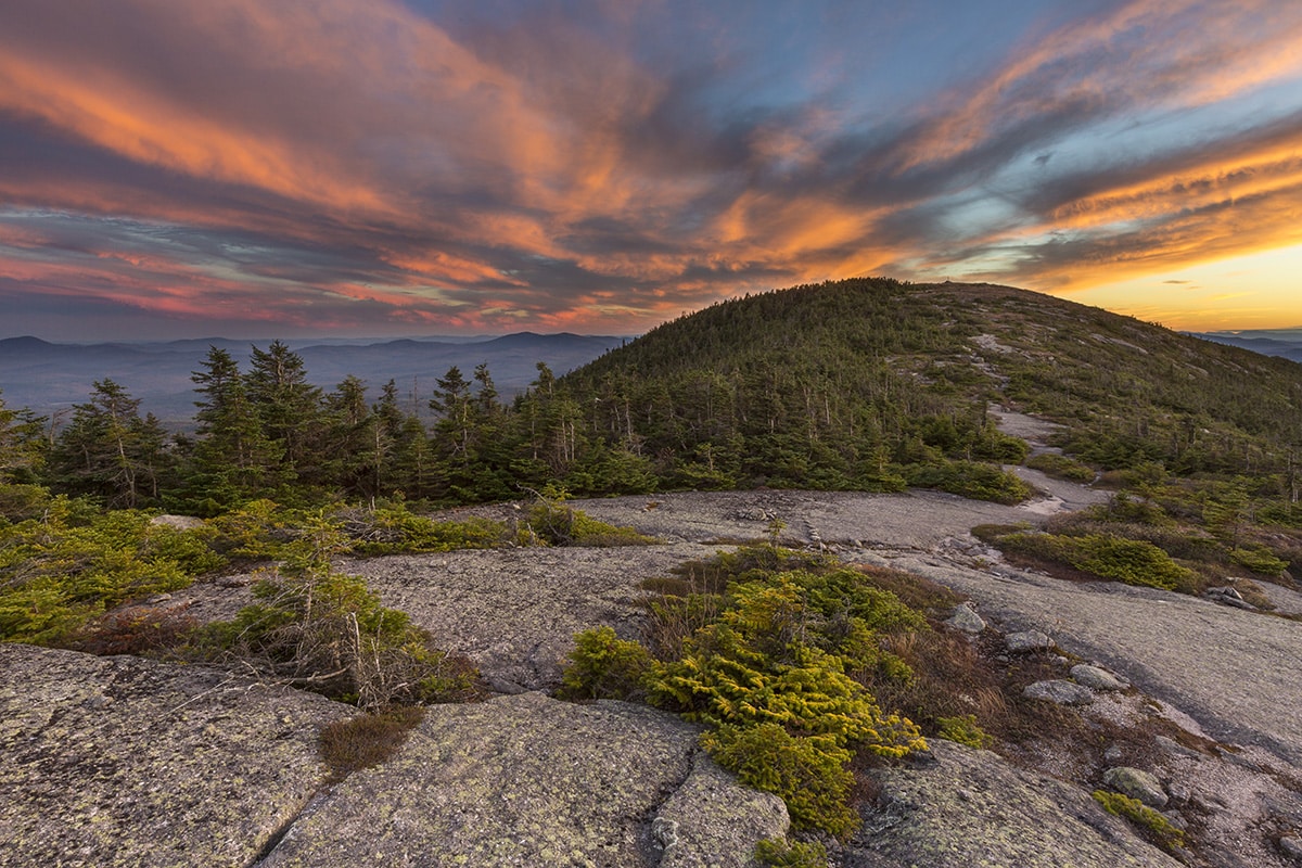 Sunset on the Appalachian Trail on Saddleback Mountain in Maine&#8217;s High Peaks Region. The summit of The Horn is in the background.