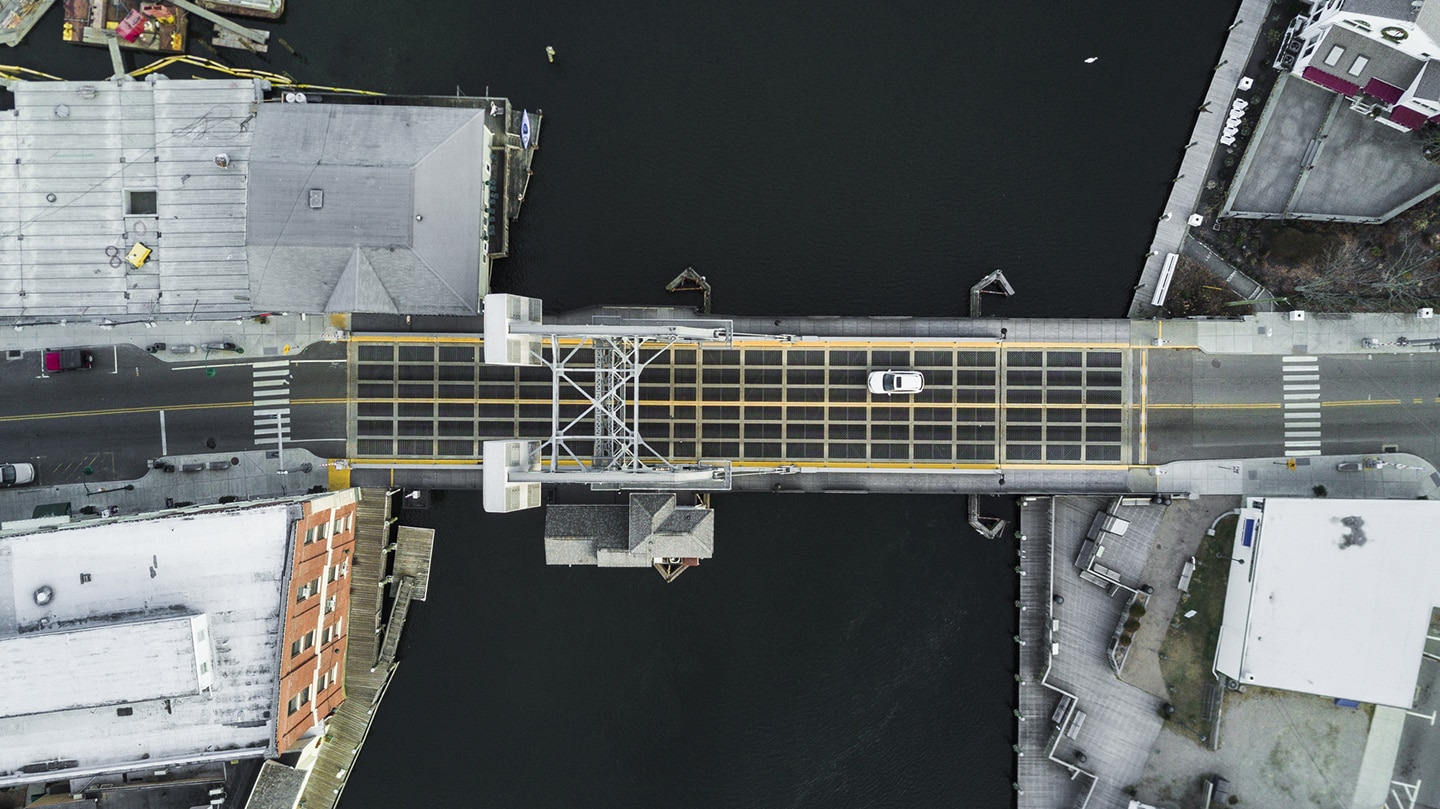 The famous Mystic drawbridge from above.