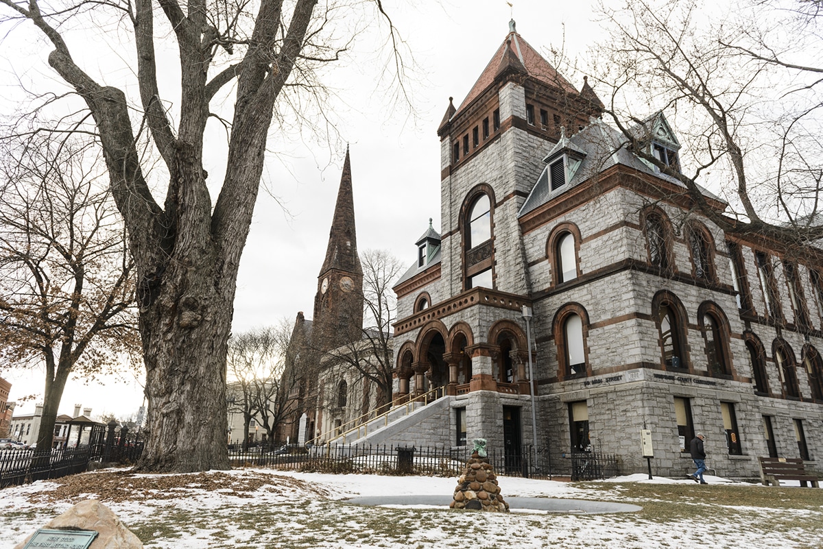 The iconic Hampshire County Courthouse built in 1884 of granite and smooth brownstone. 