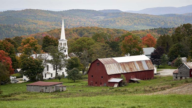 Red Barn and White Steeple in Autumn