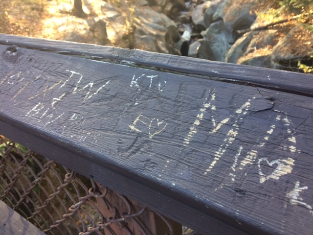 The many initials and names of visitors to Sculptured Rocks Natural Area