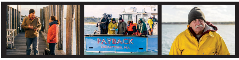 Scenes from the Martha’s Vineyard shoot for Weekends with Yankee (from left): Amy Traverso and host Richard Wiese; aboard the Payback; shellfish biologist Rick Karney.