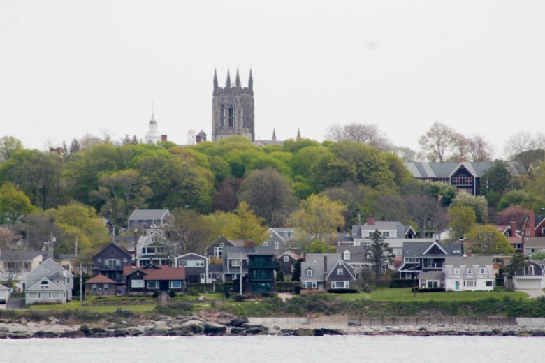 view of St. George's school from the Cliff Walk on a cloudy morning