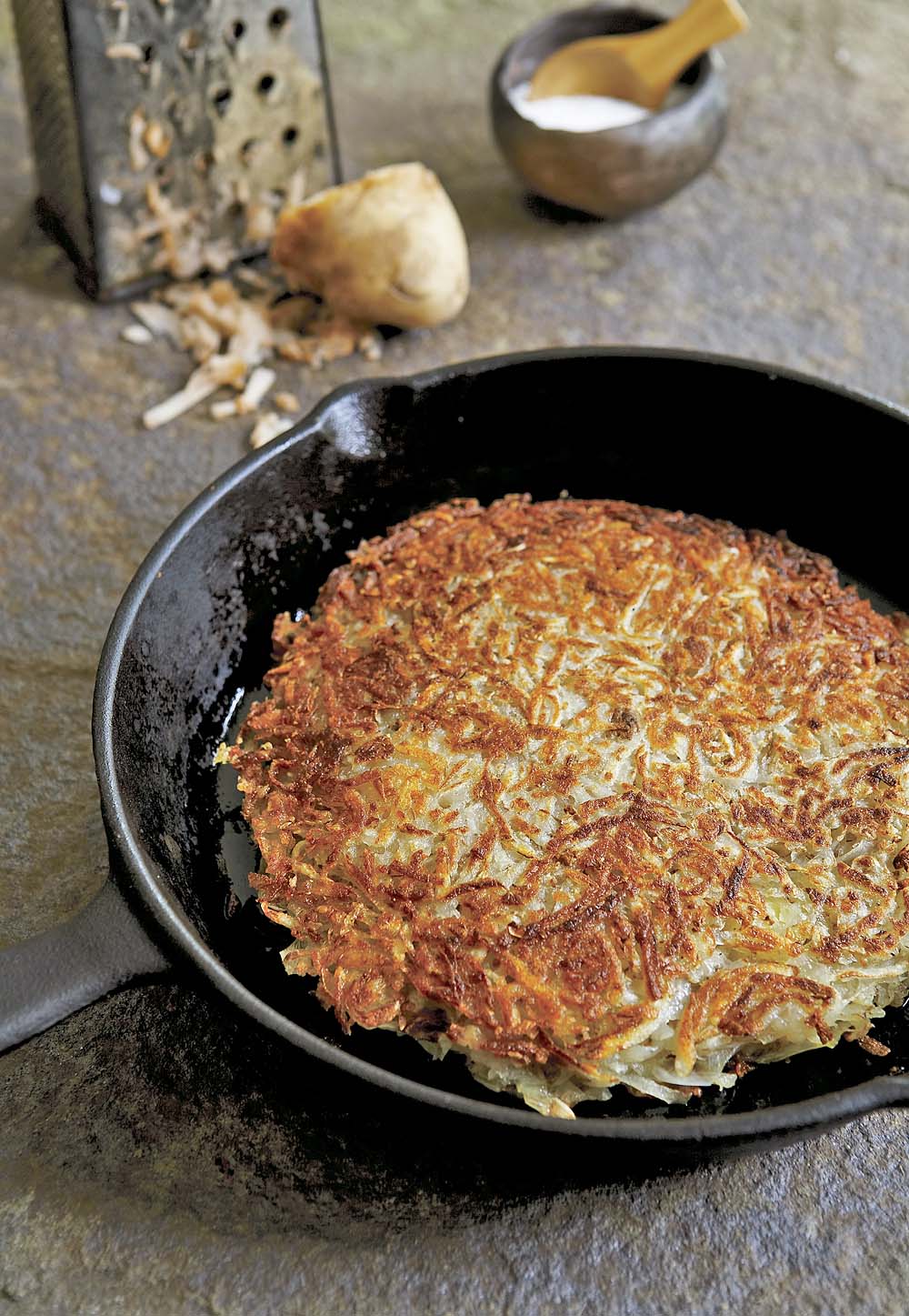 Shredded Potato Cake with Leeks and Cheese.