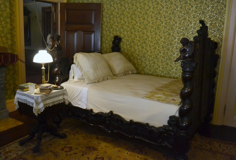 The focal point of the room, however, is the walnut bed the Clemenses purchased in Venice for the equivalent of $200. Later in life, Sam Clemens would be photographed in this bed, smoking and reading and surrounded by papers. 