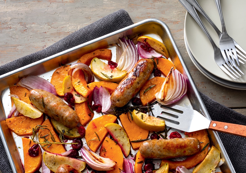 Sausage, Apple, and Squash Sheet-Pan Supper with Fragrant Herb Oil