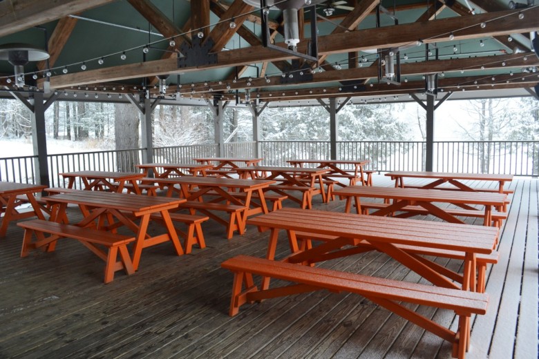 The outdoor dining patio at Picnic Social, the on-sire restaurant at Field Guide. 